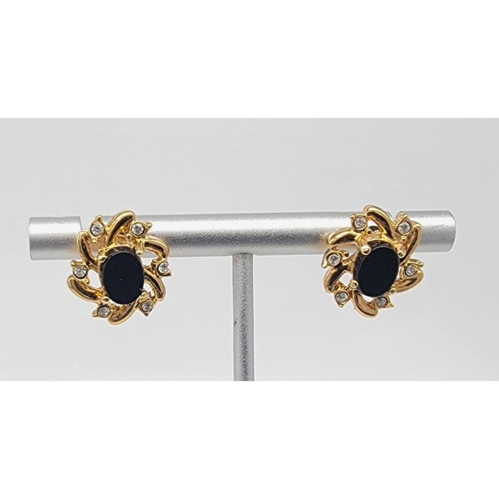 Gold Tone Black Cabochon Rhinestone Swirl Stud Earrings Pierced Retro Vintage